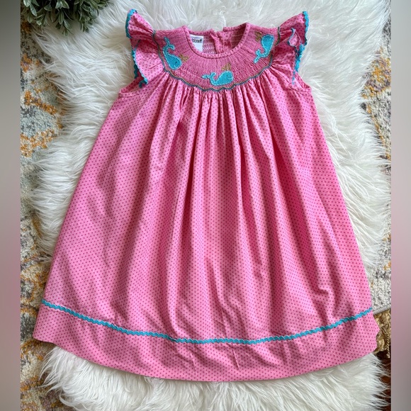 🐳 Hand Smocked Bishop Dress featuring 3 Whales & Ric-Rac Trim (SZ 2T) 🐳 - Picture 1 of 7